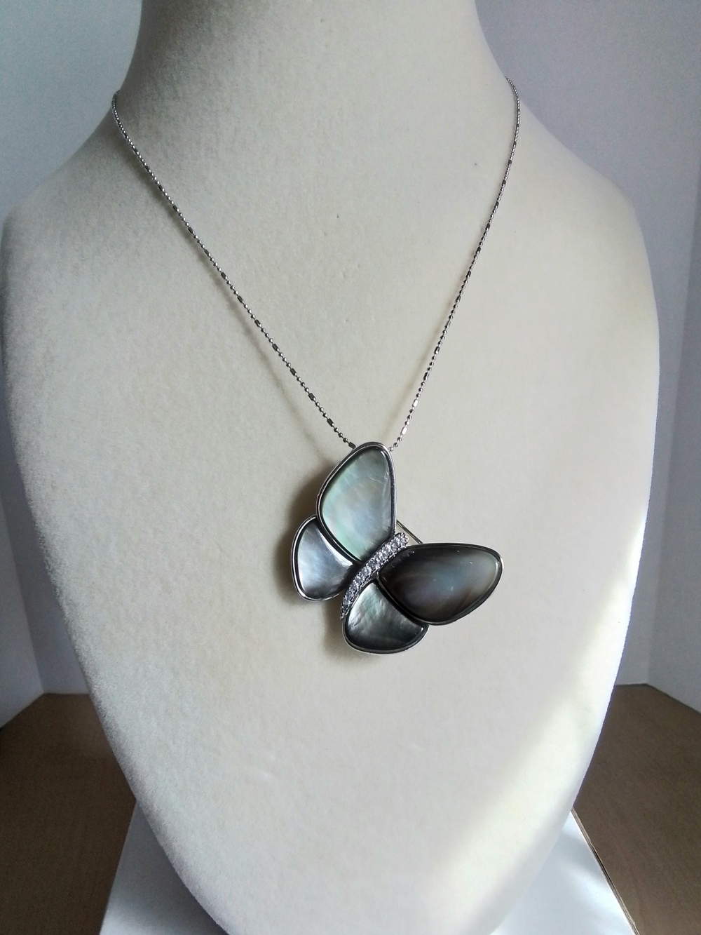 Silver Butterfly Pin/Pendant Necklace with Mother of Pearl Wings - White/Gray